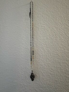 Stella & Dot Black and Gold Beaded Long Necklace with Decorative Pendant